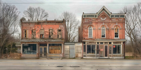Forgotten Dreams of a Fading Empire: Abandoned buildings and boarded-up storefronts line a once-thriving main street in a small town.