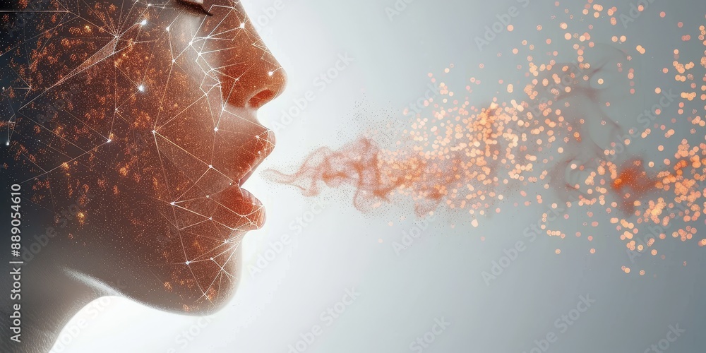 Aufkleber Abstract digital representation of a human exhaling particles, showcasing futuristic concepts of data flow and virtual interaction