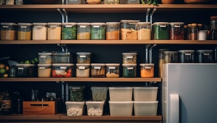 Efficiently manage and organize kitchen storage areas for food and home essentials. Interior design concept focused on pantry shelf organization and home storage management