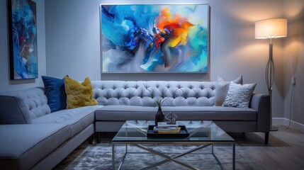 A stylish living room with a grey sectional sofa