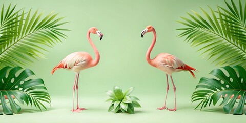 Tropical Background Two flamingos standing in front of green leaves