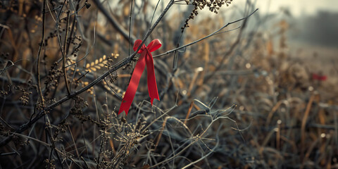 Empty Promise of a Fading Hope: A lone ribbon, its colors faded with age, hangs from a withered branch overgrown with weeds, symbolizing the lost potential of a nation.