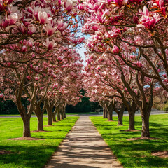 Naklejka premium Blossoming magnolia trees alongside a path, spring tulip tree with pinkish blooms