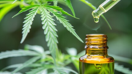 Cannabis oil extracts in jars and green cannabis leaves, marijuana isolated on cannabis abstract background. Growing medical and herb marijuana.