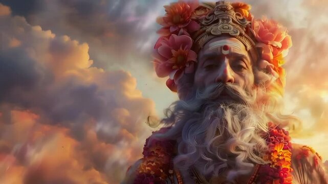 Video Recreation of a hinduist sadhu ascetic as a deity with flowers and beautiful clouds at sunset