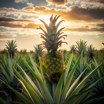 Ripe Ananas on ananasplant on anans field during a cloudy sunset day