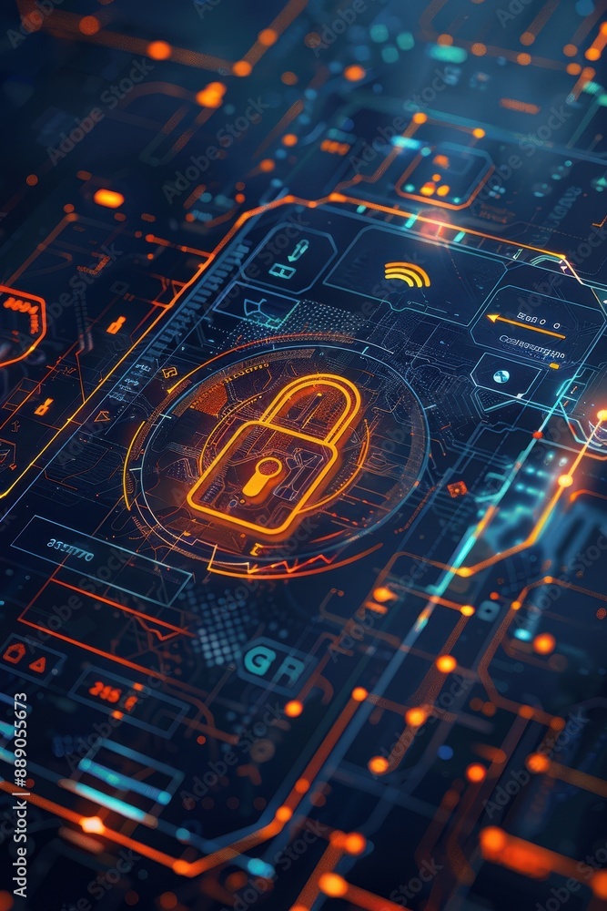 Poster a close up of a computer screen with a lock icon on it. the lock is orange and the background is blu