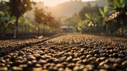 A scenic view of brown dried coffee beans laid out on a farm, bathed in the gentle light of dusk.