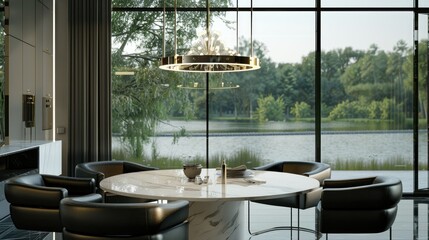 An elegant dining area with a round white marble table