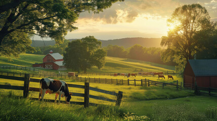 Obraz premium A serene morning on a dairy farm with a farmer milking a cow, cows grazing in the background