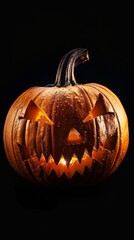Abstract Glowing Carved Halloween Jack-o'-Lantern Pumpkin Isolated on Black Background. Artistic Design Mockup Template for 4K High-Resolution Wallpaper, AI-Generated