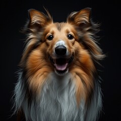 Shetland Sheepdog with long fur, smiling expression, dark background