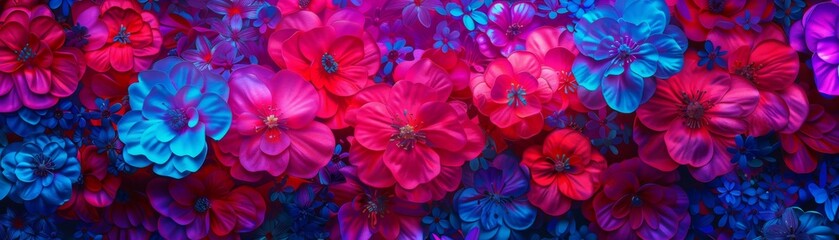 Holographic Neon Blooms: Vibrant Red and Pink Flowers Seamless Abstract Design in Digital Art