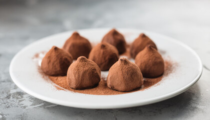 Tasty chocolate truffles on white plate on white stone table. Sweet food. Delicious dessert.