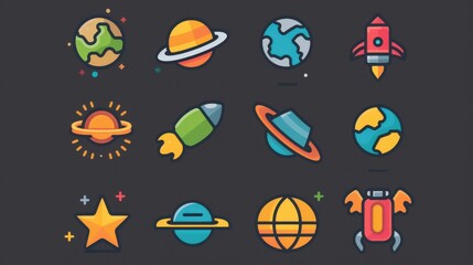 Obraz premium A collection of space-themed stickers, including planets, rockets, and suns. The stickers are arranged in a grid, with each one featuring a different celestial object. Scene is one of wonder