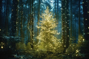 Obraz premium A Christmas tree is lit up with lights in a forest