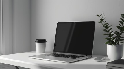 Fototapeta premium A White Desk Featuring a Sleek Laptop in a Minimalist Workspace.