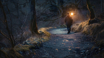 Naklejka premium A solitary figure carrying a light source on a winding trail, suitable for use in scenes of adventure, mystery, or nighttime exploration