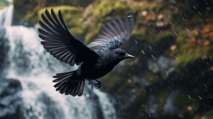 Obraz premium Black Bird in Flight over a Waterfall