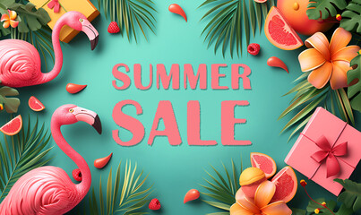 summer sale creative banner with tropical leaves, flamingos ans fruits