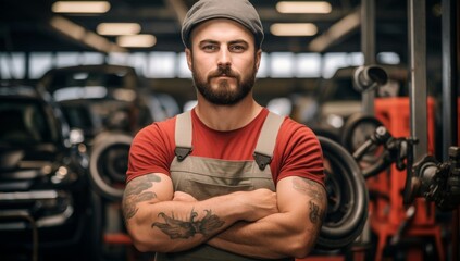 A male auto mechanic with crossed arms in a contemporary garage setting, showcasing his skills and expertise as a technician