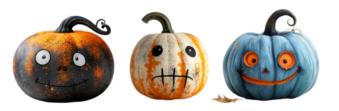 Set of Cartoon characters Jack o lantern with a creepy carved Halloween pumpkins faces isolated on a white background