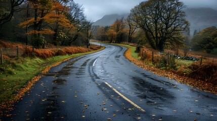 Fototapeta premium A scenic road with a tree lining one side, under a clear blue sky.