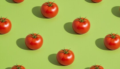 red tomatoes pattern on a green background, minimalistic composition of fresh vegetables