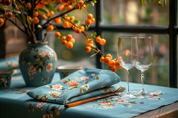 Fototapeta premium A table with two wine glasses and a vase of oranges.