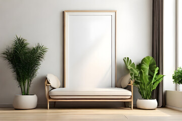 Empty frame poster mockup in a minimalist interior    living room with armchairs and potted plants