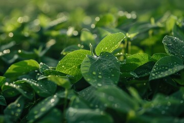 Close-up of lush green soybean leaves covered in morning dew, glistening under the soft light of dawn