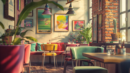 A casual business meeting taking place in a trendy caf&eacute; with colorful d&eacute;cor and artwork, highlighting a relaxed and creative atmospheres