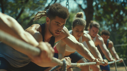 Groups of people participating in fitness challenges or bootcamps, emphasizing teamwork, endurance, and health