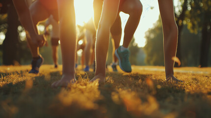 Groups of people participating in fitness challenges or bootcamps, emphasizing teamwork, endurance, and health
