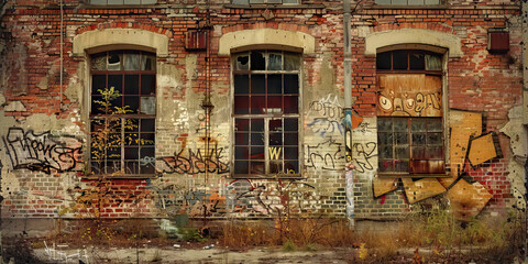 Naklejka premium Crumbling Pillars of Democracy: A dilapidated, graffiti-covered brick building, its windows boarded up.