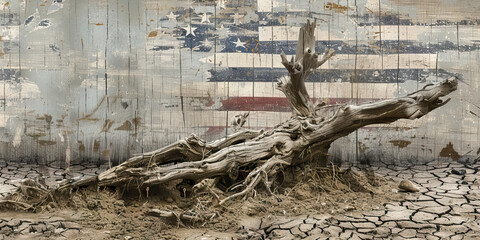 Eroded Foundations of the United States: A barren landscape with exposed roots, revealing the fragility of the nation's founding principles.