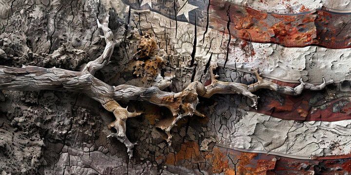 Eroded Foundations of the United States: A barren landscape with exposed roots, revealing the fragility of the nation's founding principles.