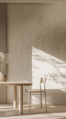 Serene Minimalist Dining Area with Table, Chairs, and Fresh Flowers.