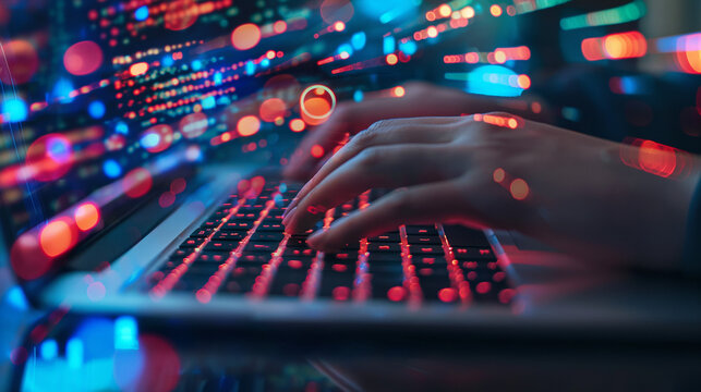 Hacker's hand typing malicious code on laptop with glowing digital interface 