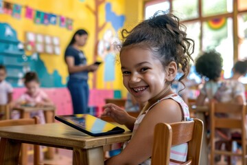 Vibrant classroom with a girl on an iPad, peers using devices, teacher supervising.