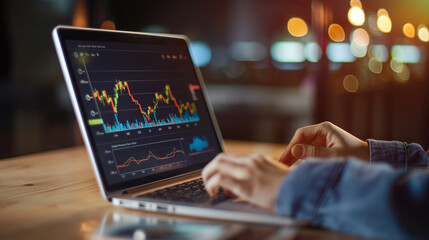 Businessman studying statistic graph of stock market indices on laptop for financial analysis