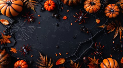 Abstract Halloween Background with Spiders, Decorations, and Spider Webs on Black Background. Happy Halloween Flat Lay Mockup. Autumn Holiday Concept Composition with Copy Space. AI-Generated Holiday 