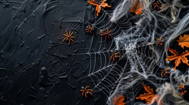Abstract Halloween Background with Spiders, Decorations, and Spider Webs on Black Background. Happy Halloween Flat Lay Mockup. Autumn Holiday Concept Composition with Copy Space. AI-Generated Holiday 