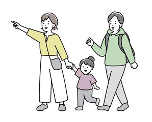 手を繋いで外出をする家族のイラスト素材