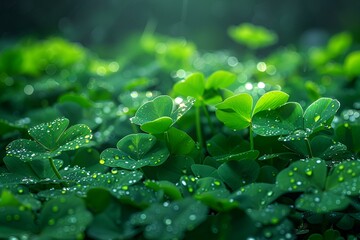 A close-up image of a green clover with raindrops on its leaves.