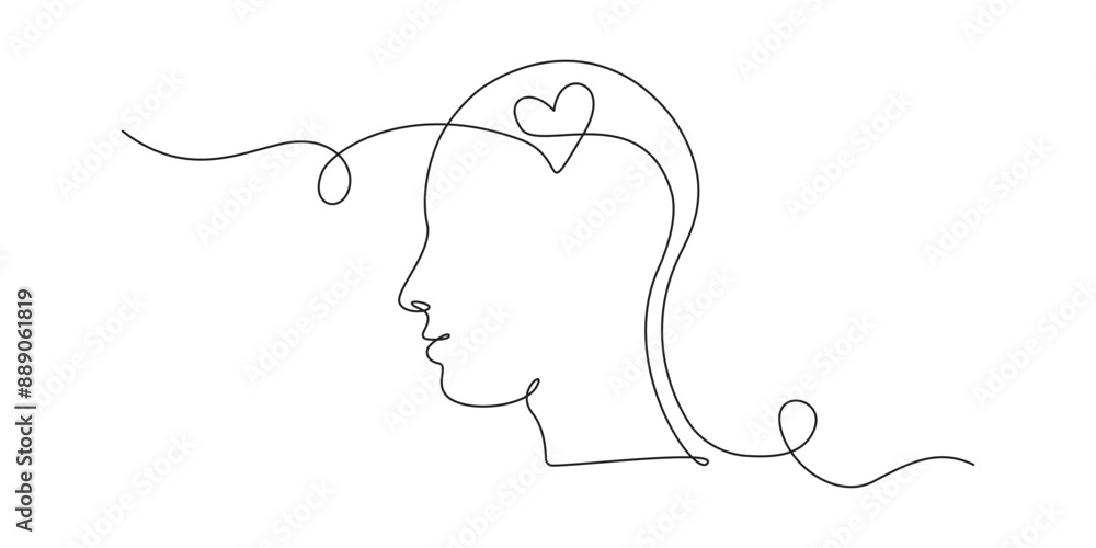 Poster continuous one line drawing of head with heart inside. concept of falling in love and empathy symbol