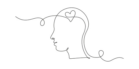Continuous one line drawing of head with heart inside. Concept of falling in love and empathy symbol in simple linear style. Good mental health in editable stroke. Doodle vector illustration