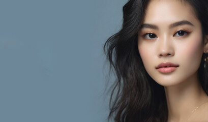 Naklejka premium Close up portrait of beautiful Asian female model in 20s with perfect glowy skin 