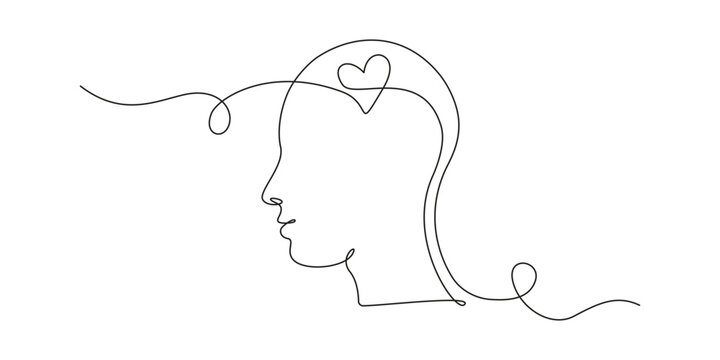 Continuous one line drawing of head with heart inside. Concept of falling in love and empathy symbol in simple linear style. Good mental health in editable stroke. Doodle vector illustration