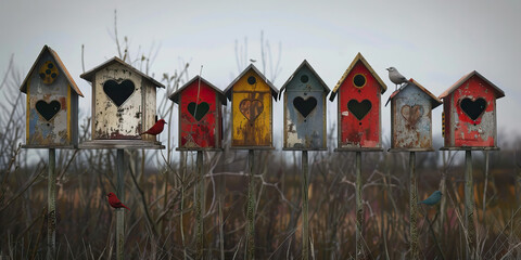 A row of empty birdhouses, their entrances facing away, symbolizing a nation turned inward and disconnected from its ideals.